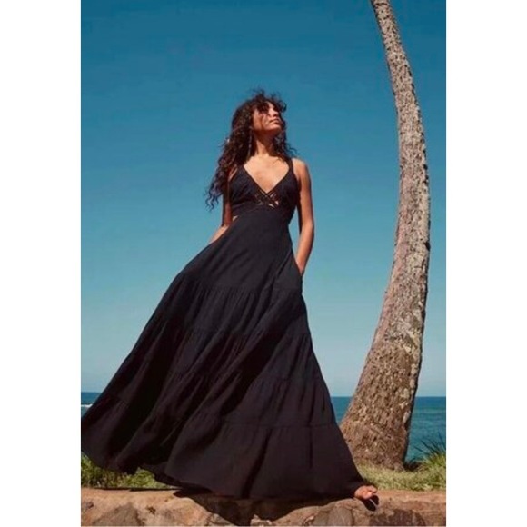 Free People Dresses & Skirts - Free People Tropical Maxi Black Tiered Cut Out Backless Boho Beachy Resort Sz L